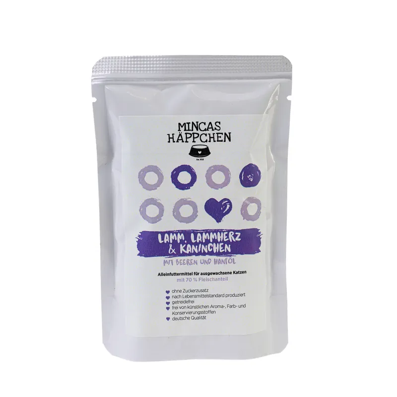 Kracherpreis Sparpaket 24 x 95 g Mincas Häppchen Lamm, Lammherz & Kaninchen Katzen Nassfutter